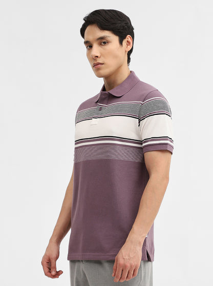 Purple & White Striped Slim Fit Polo T-Shirt | JadeBlue