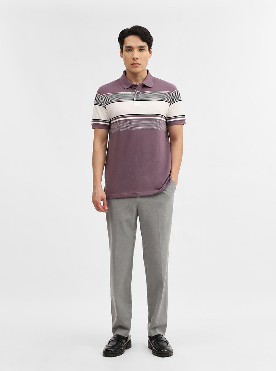 Purple & White Striped Slim Fit Polo T-Shirt | JadeBlue