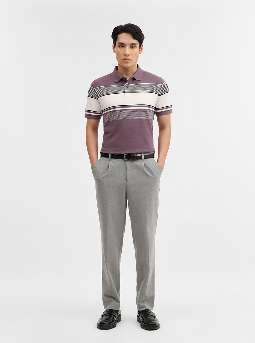 Purple & White Striped Slim Fit Polo T-Shirt | JadeBlue