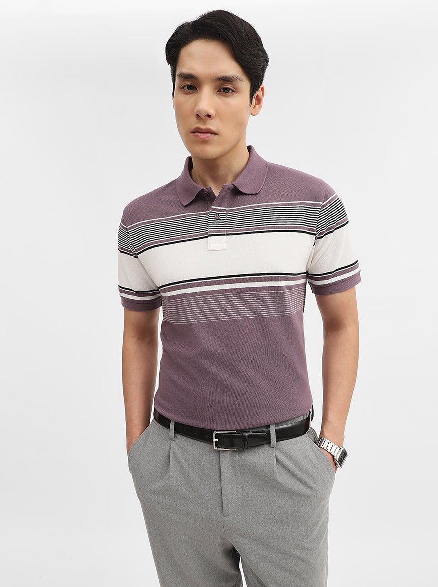 Purple & White Striped Slim Fit Polo T-Shirt | JadeBlue