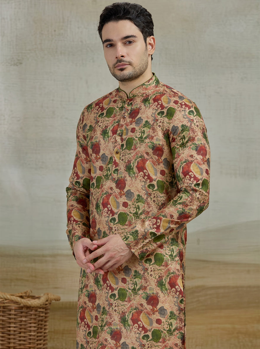 Beige & Green Printed Kurta | The Kurta Company