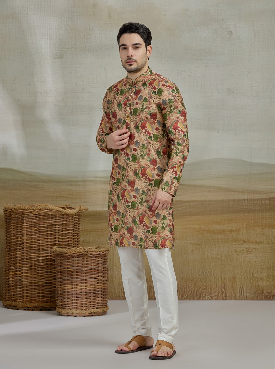 Beige & Green Printed Kurta | The Kurta Company