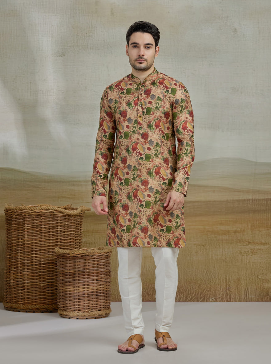 Beige & Green Printed Kurta | The Kurta Company