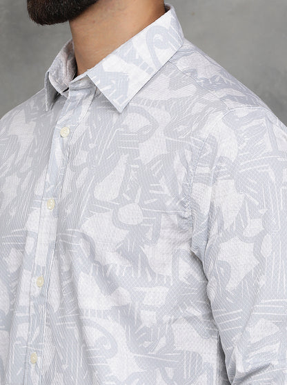 Light Grey Printed Slim Fit Casual Shirt | GreenFibre