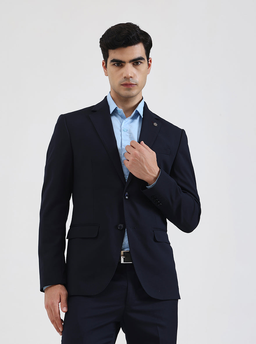 Navy Blue Solid Regular Fit Blazer | JB Studio