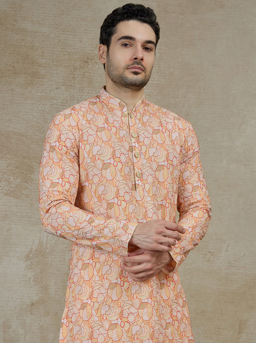 Orange & Cream Printed Kurta Pajama | Virasana