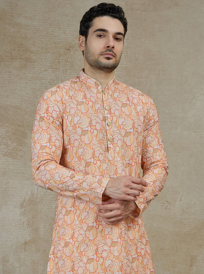 Orange & Cream Printed Kurta Pajama | Virasana