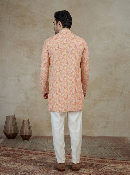 Orange & Cream Printed Kurta Pajama | Virasana