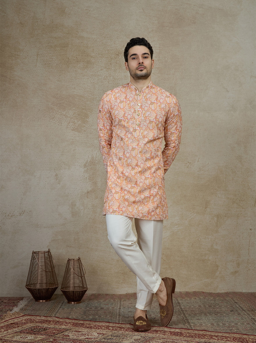 Orange & Cream Printed Kurta Pajama | Virasana