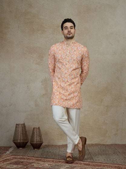 Orange & Cream Printed Kurta Pajama | Virasana
