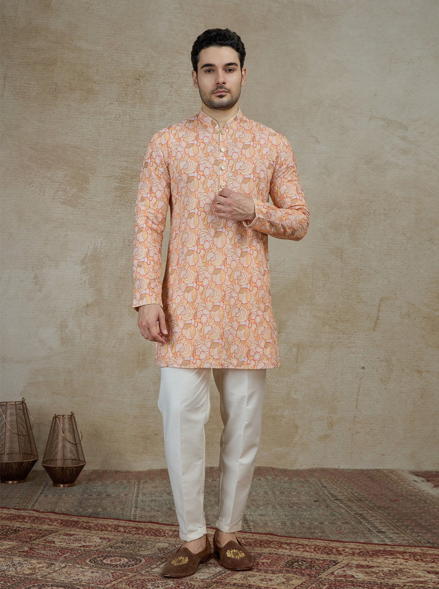 Orange & Cream Printed Kurta Pajama | Virasana