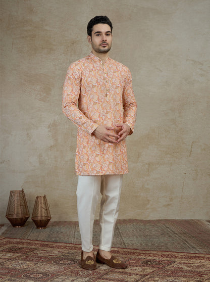 Orange & Cream Printed Kurta Pajama | Virasana