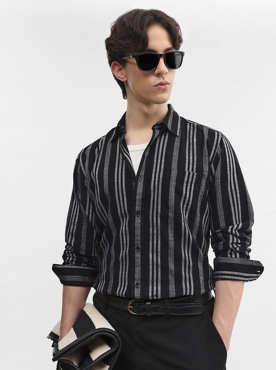 Black Striped Slim Fit Casual Shirt | JadeBlue