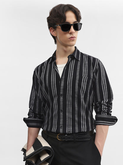 Black Striped Slim Fit Casual Shirt | JadeBlue
