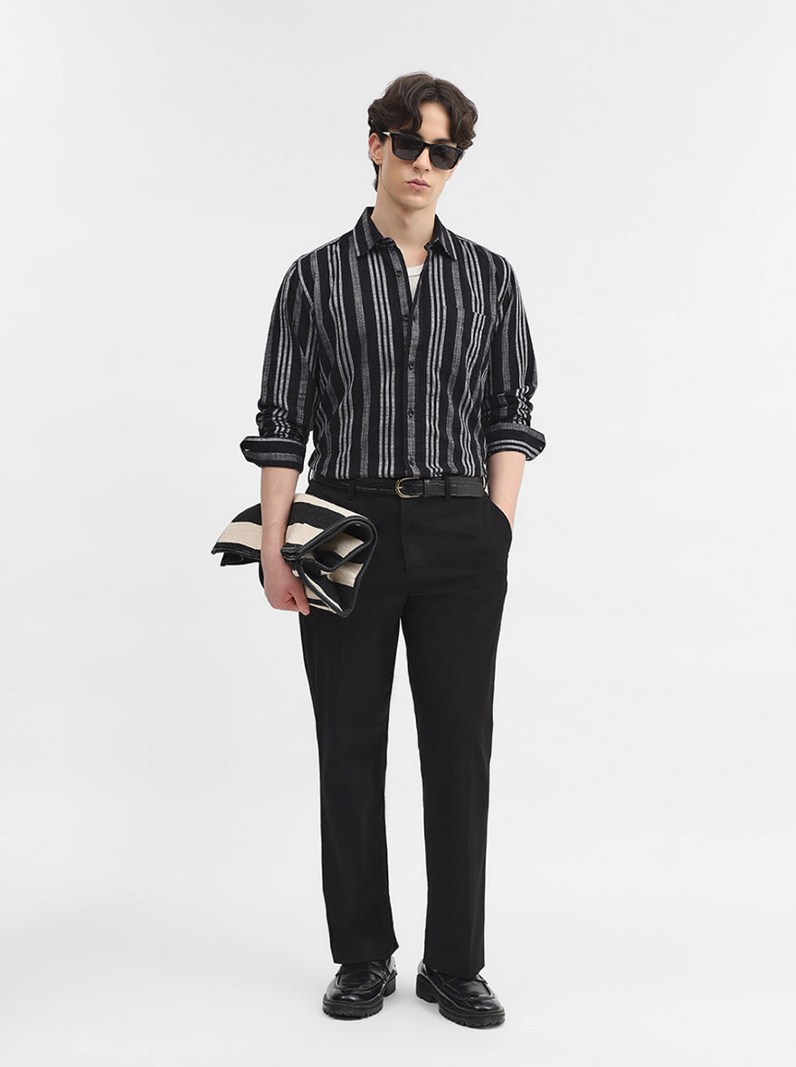 Black Striped Slim Fit Casual Shirt | JadeBlue