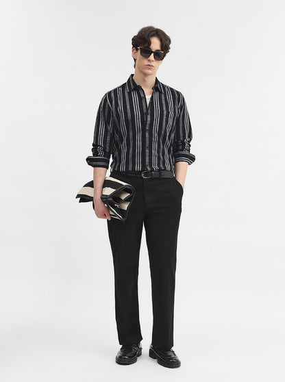 Black Striped Slim Fit Casual Shirt | JadeBlue