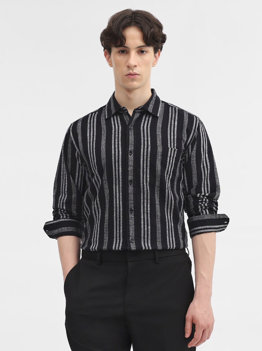 Black Striped Slim Fit Casual Shirt | JadeBlue