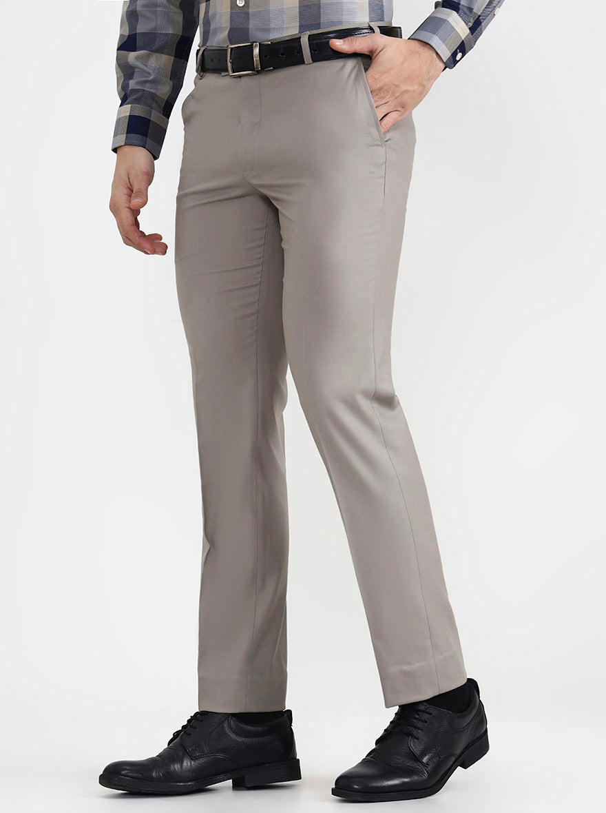 Light Brown Solid Slim Fit Formal Trouser | Metal