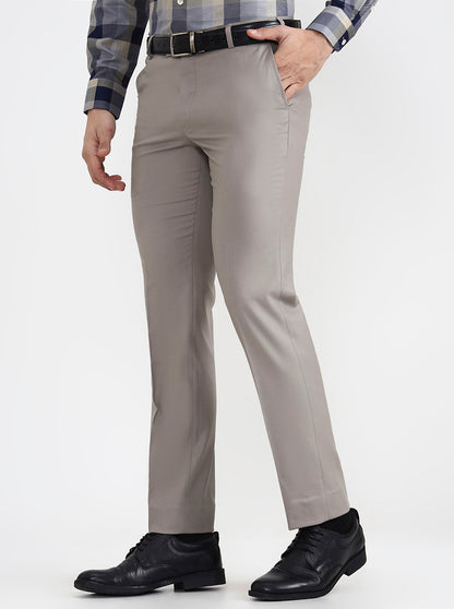 Light Brown Solid Slim Fit Formal Trouser | Metal