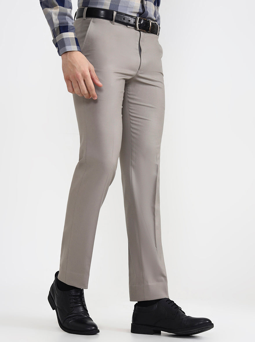 Light Brown Solid Slim Fit Formal Trouser | Metal