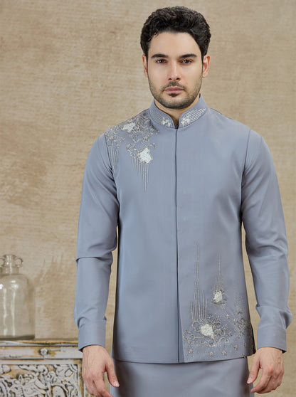 Grey Embroidered Kurta Pajama with Koti | TULA