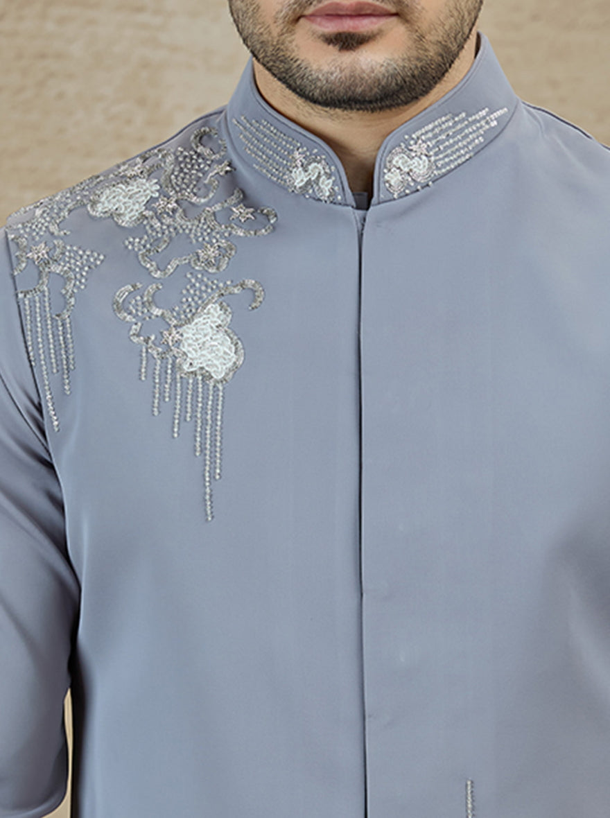 Grey Embroidered Kurta Pajama with Koti | TULA