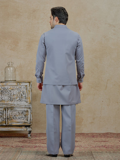Grey Embroidered Kurta Pajama with Koti | TULA