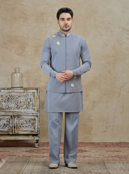 Grey Embroidered Kurta Pajama with Koti | TULA