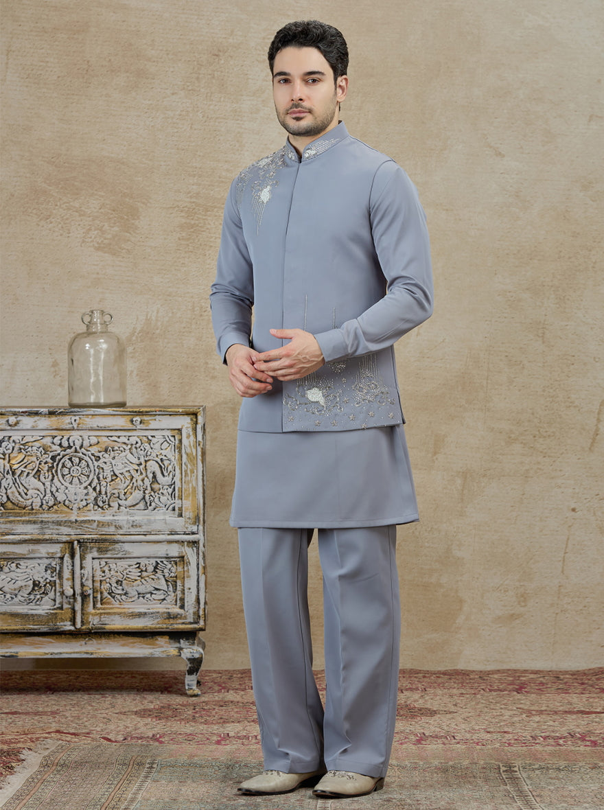 Grey Embroidered Kurta Pajama with Koti | TULA