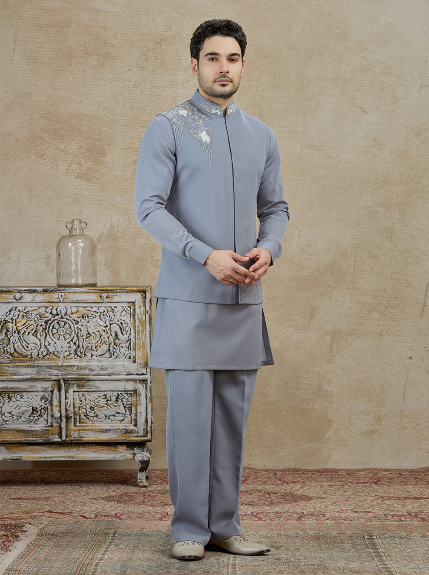 Grey Embroidered Kurta Pajama with Koti | TULA
