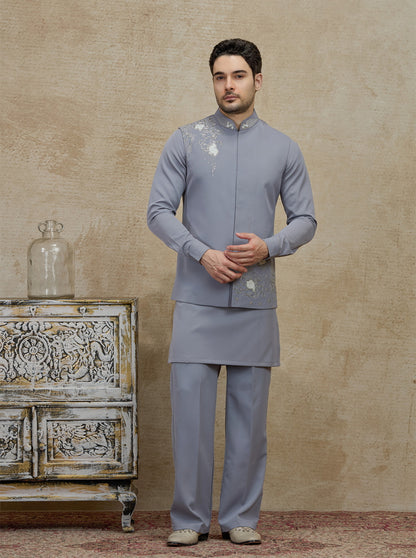 Grey Embroidered Kurta Pajama with Koti | TULA