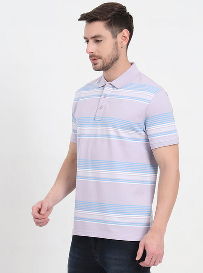 Lavender & Sky Blue Striped Slim Fit Polo T-Shirt | JadeBlue