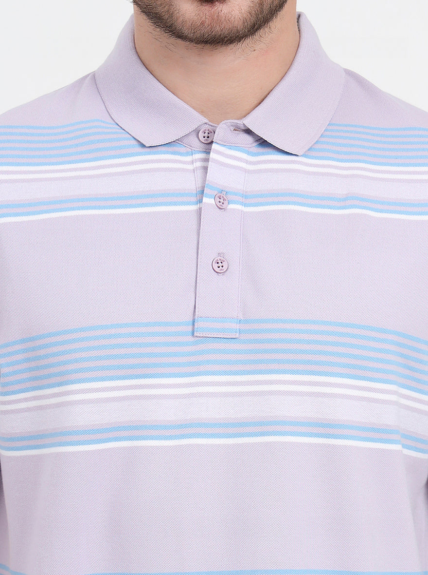 Lavender & Sky Blue Striped Slim Fit Polo T-Shirt | JadeBlue