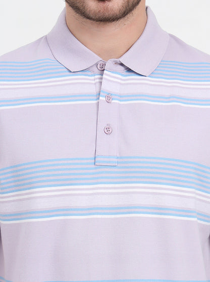 Lavender & Sky Blue Striped Slim Fit Polo T-Shirt | JadeBlue