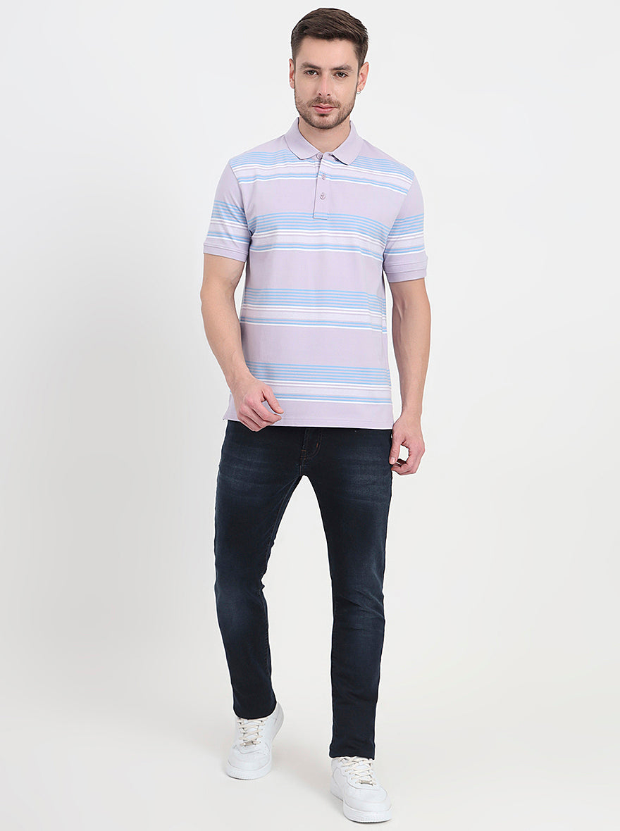 Lavender & Sky Blue Striped Slim Fit Polo T-Shirt | JadeBlue