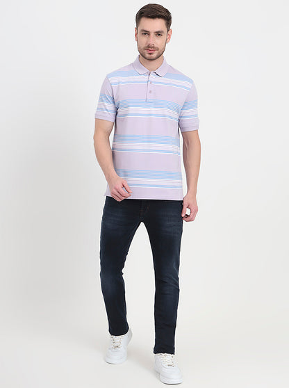 Lavender & Sky Blue Striped Slim Fit Polo T-Shirt | JadeBlue