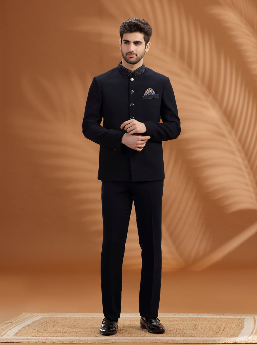 Midnight Blue Embroidered  Jodhpuri Suit | TULA