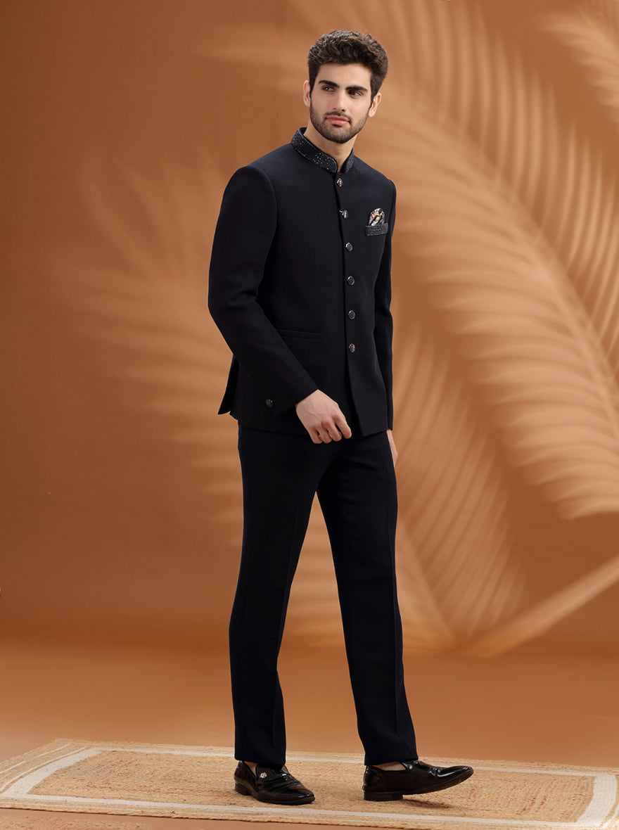Midnight Blue Embroidered  Jodhpuri Suit | TULA