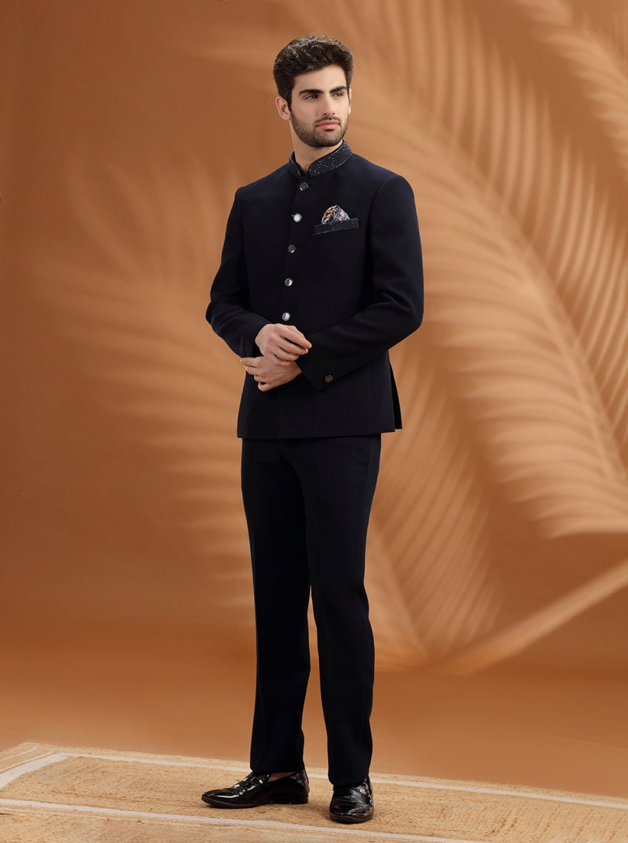 Midnight Blue Embroidered  Jodhpuri Suit | TULA