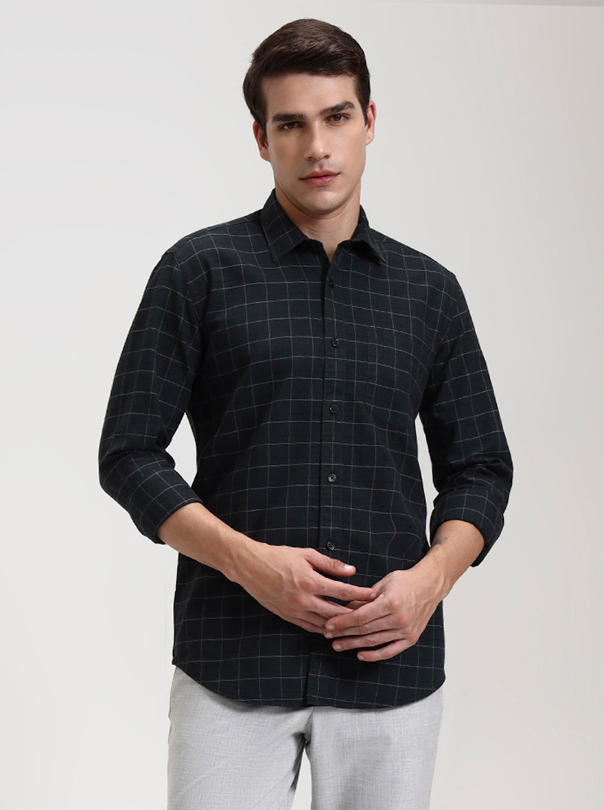 Dark Olive Green Checked Tailored Fit Semi Casual Shirt | JadeBlue