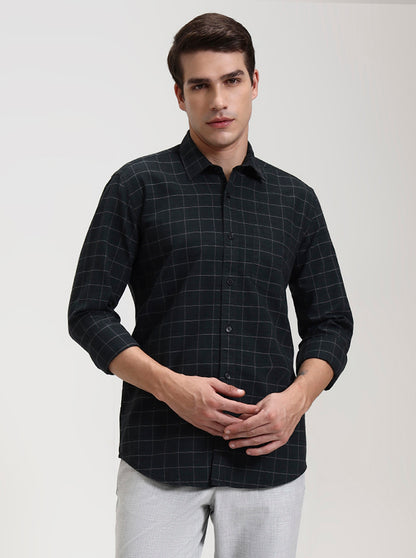 Dark Olive Green Checked Tailored Fit Semi Casual Shirt | JadeBlue