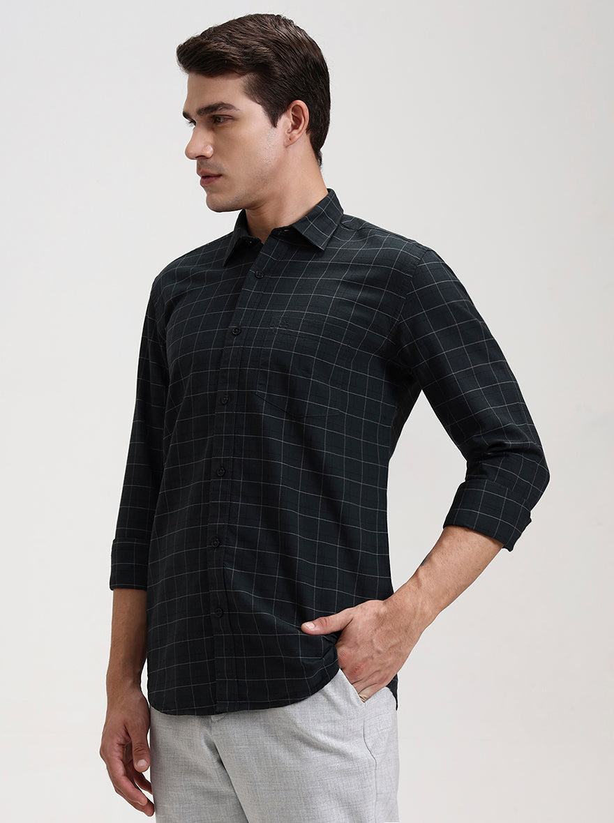 Dark Olive Green Checked Tailored Fit Semi Casual Shirt | JadeBlue