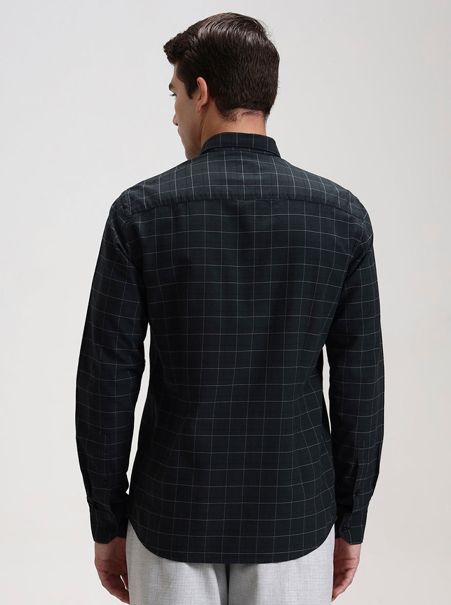 Dark Olive Green Checked Tailored Fit Semi Casual Shirt | JadeBlue