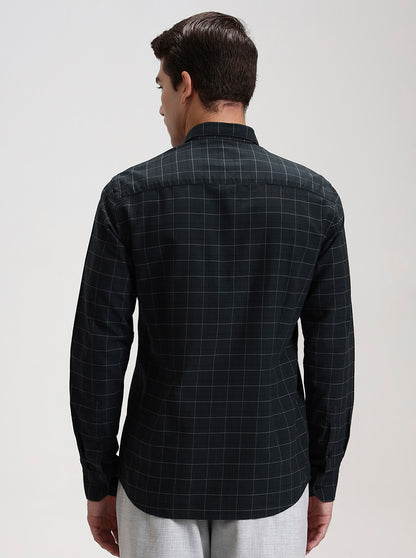 Dark Olive Green Checked Tailored Fit Semi Casual Shirt | JadeBlue