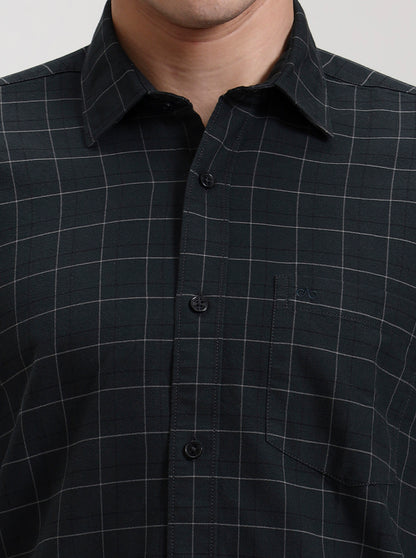 Dark Olive Green Checked Tailored Fit Semi Casual Shirt | JadeBlue