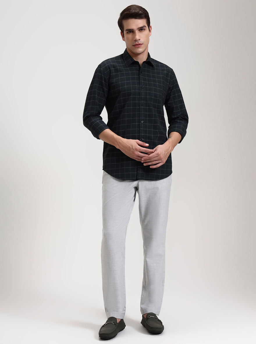 Dark Olive Green Checked Tailored Fit Semi Casual Shirt | JadeBlue