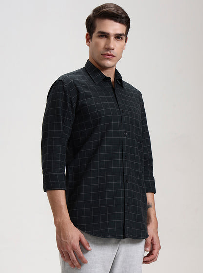 Dark Olive Green Checked Tailored Fit Semi Casual Shirt | JadeBlue
