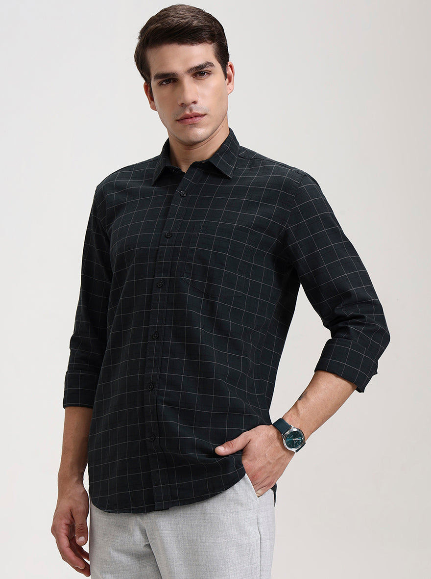 Dark Olive Green Checked Tailored Fit Semi Casual Shirt | JadeBlue
