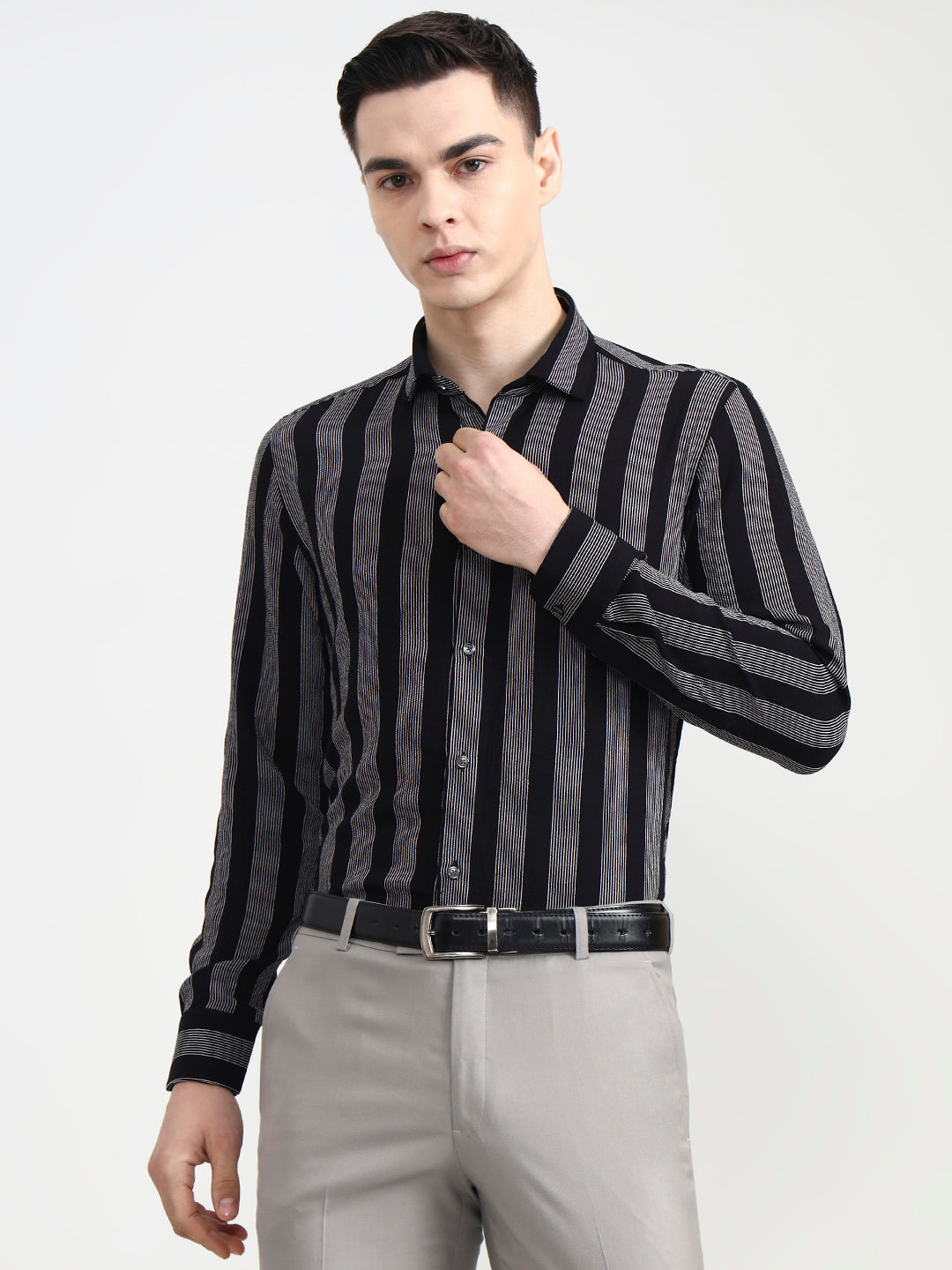 Black & White Striped Slim Fit Party Wear Shirt | Wyre