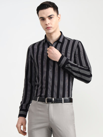Black & White Striped Slim Fit Party Wear Shirt | Wyre